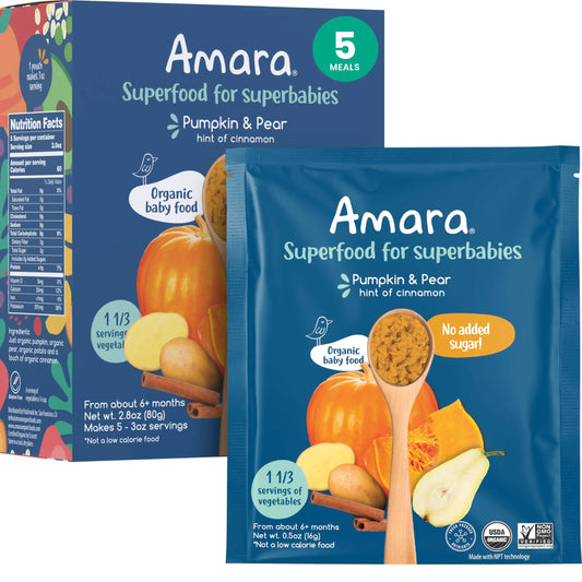 Amara Organic Baby Food - Stage 2 - Pumpkin Pear - Baby Cereal to Mix With Breastmilk Water or Baby Formula - Shelf Stable Baby Food Made from Organic Fruit and Veggies - 5 Pouches 3.5oz Per Serving