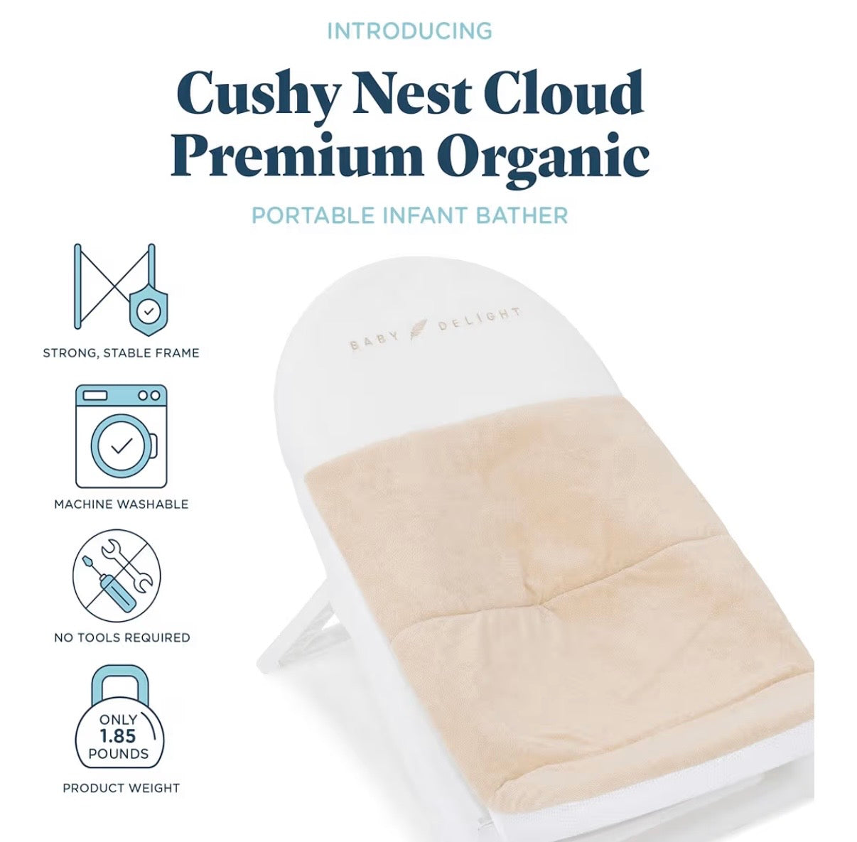 Baby Delight Cushy Nest Cloud Premium Organic Infant Bather | Baby Bath Seat | Comfortable Infant Bath Seat with Support | for Sinks and Tubs | Organic Oat