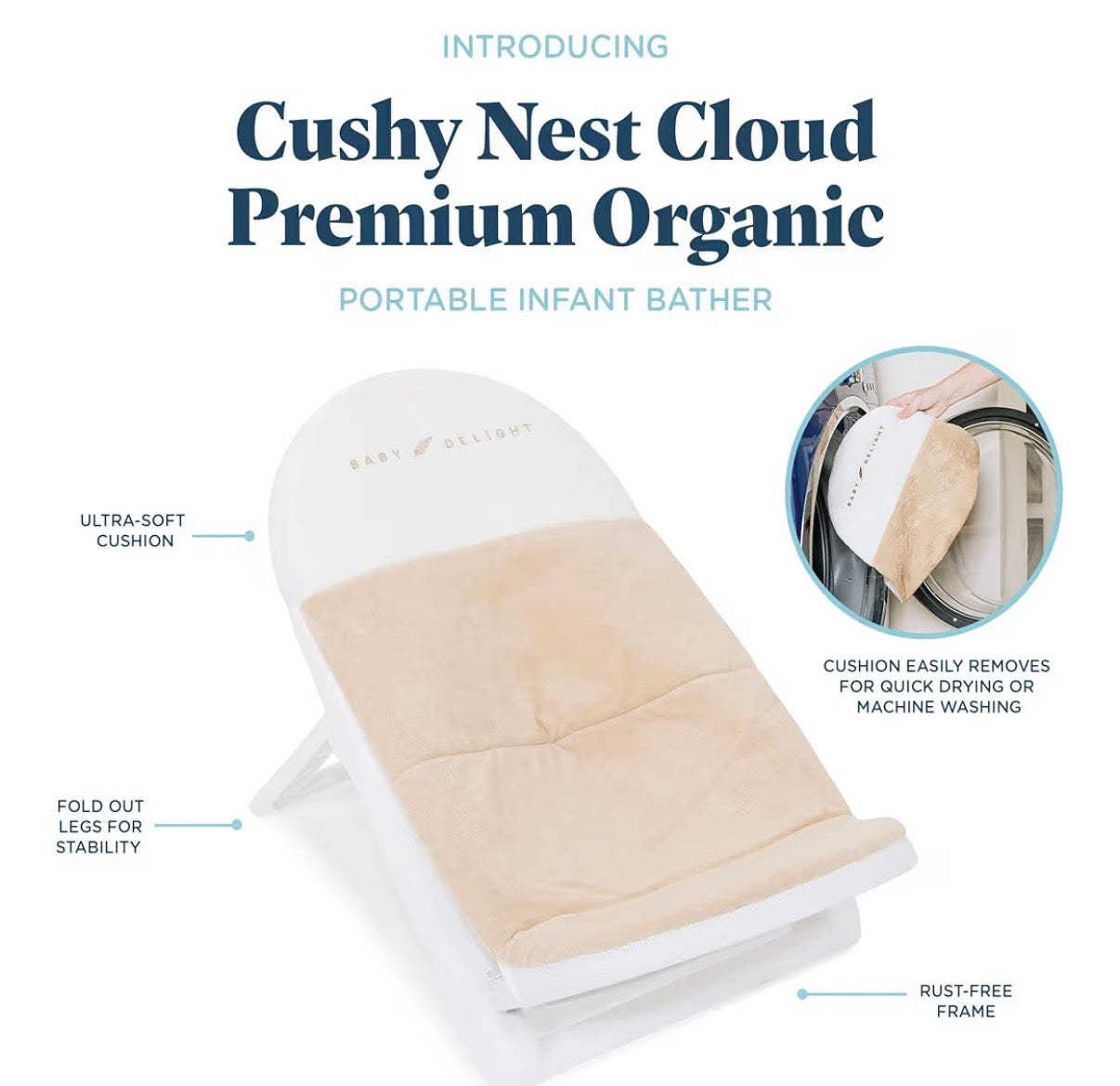 Baby Delight Cushy Nest Cloud Premium Organic Infant Bather | Baby Bath Seat | Comfortable Infant Bath Seat with Support | for Sinks and Tubs | Organic Oat